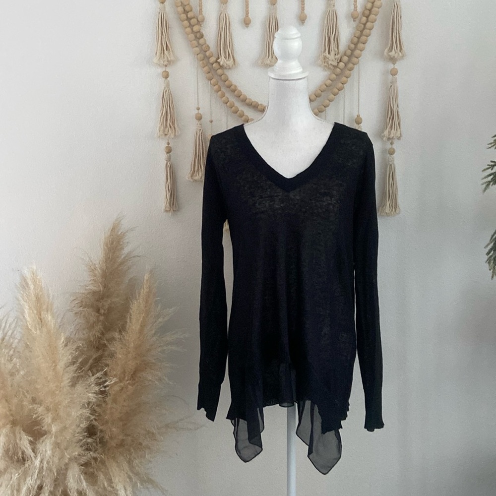 Aqua black sheer sweater chiffon ruffle trim high low slub knit v neck medium